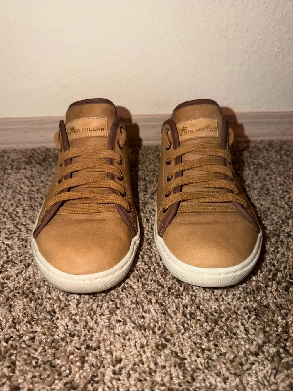 Peter Millar Men’s Tan Leather Low-Top Sneakers with White Sole